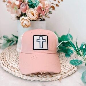 Plunder Pink and White Trucker Hat with Cross Patch